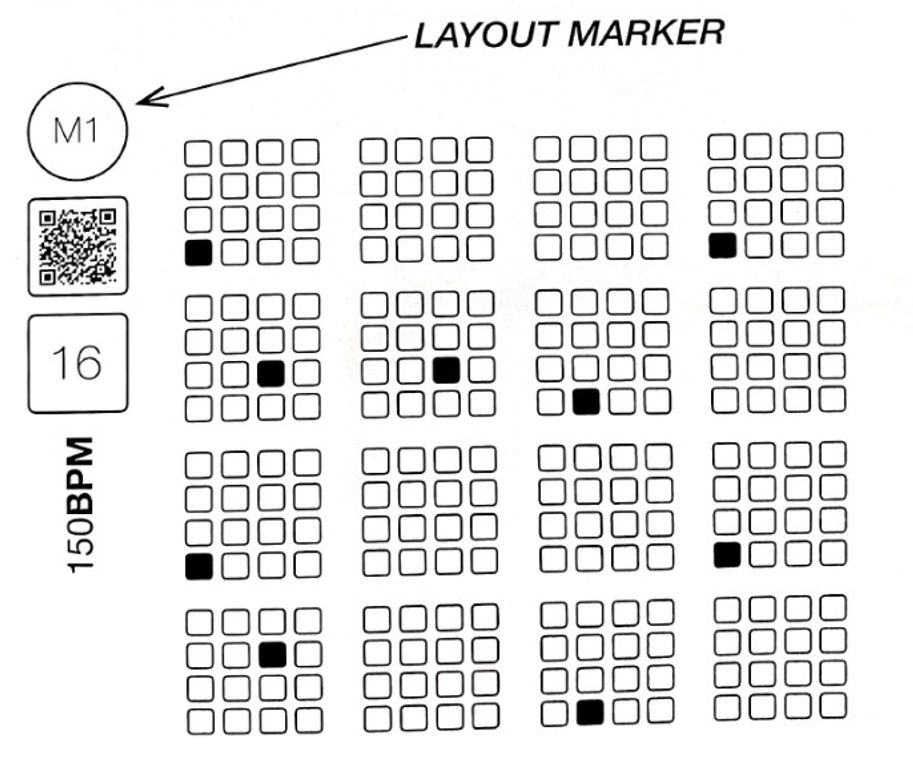 Layout Marker M1, QR, 16, 150BPM, and pattern grids